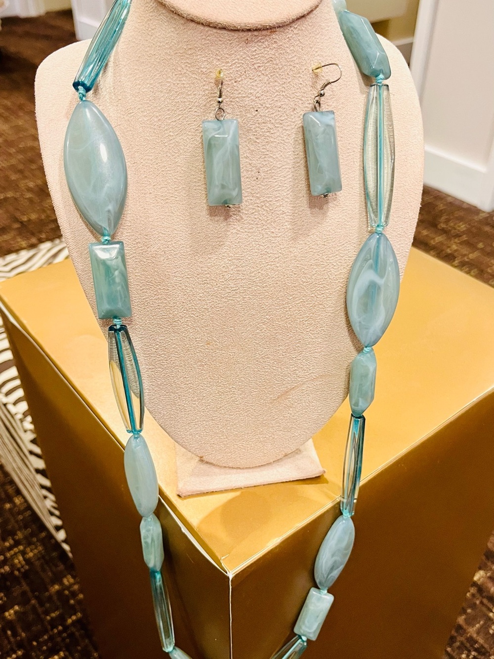 Aqua Resin Bead Necklace and Earrings Set